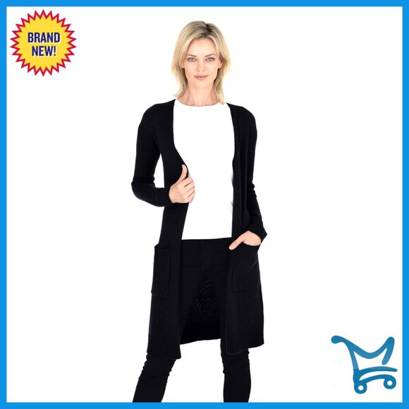 100% Cashmere Cardigan Sweater Long Sleeve V-Neck Open Front Mid-Length